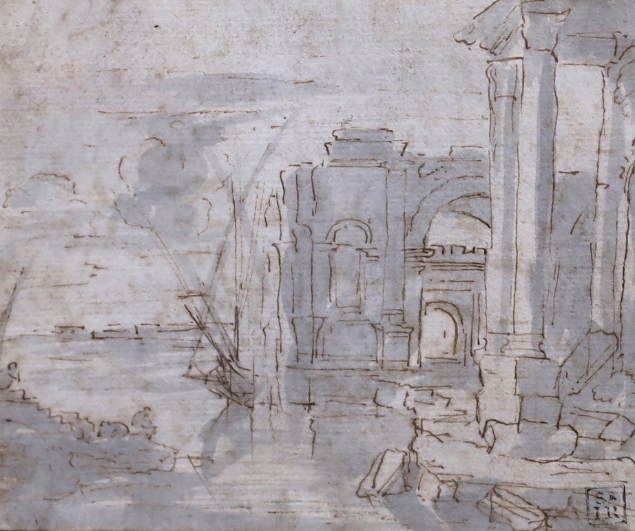 Claude Lorrain (French, 1600-1682), Landscape with buildings, pen and black ink with grey wash on laid paper, 13 x 15cm